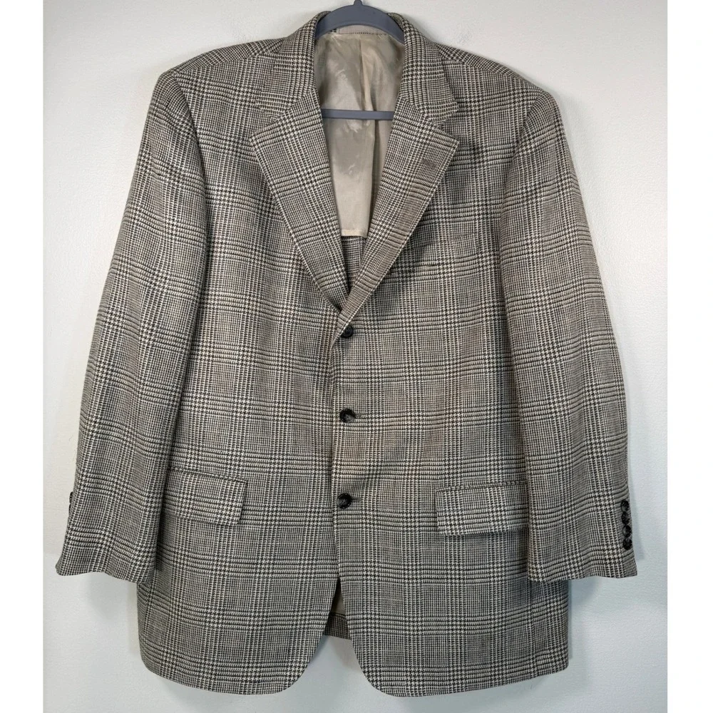 Norman Hilton Silk Linen Wool Glen Plaid Blazer Men 43R Sport Coat Tan Brwn Blu